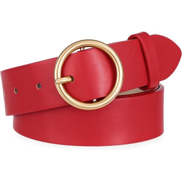 Women Leather Belt with Circle Gold Buckle Fashion Ladies Waist Belt Red Gold main image 3